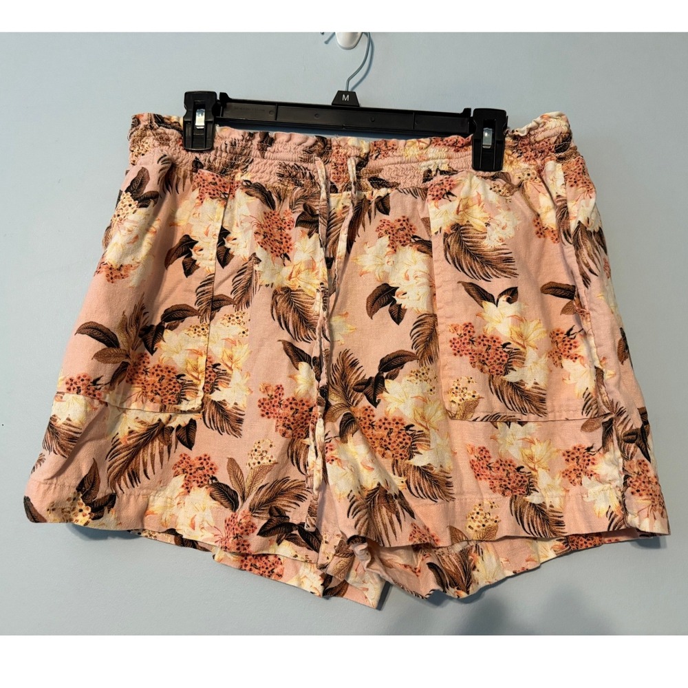 Time and Tru Women's L Peach Pink Tropical Floral Linen Blend Shorts 2103